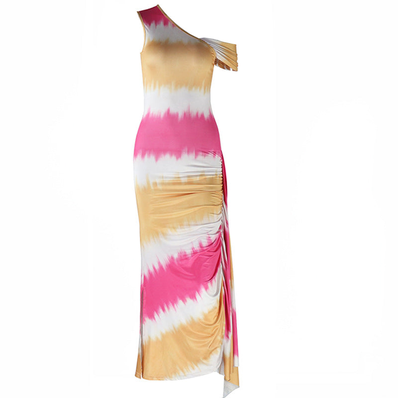 Ruched one shoulder print irregular maxi dress