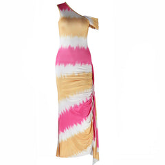 Ruched one shoulder print irregular maxi dress