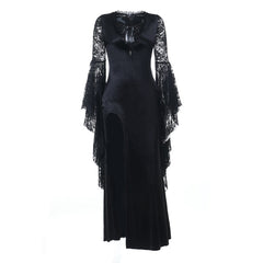 Long flared sleeve v neck beaded lace slit midi dress
