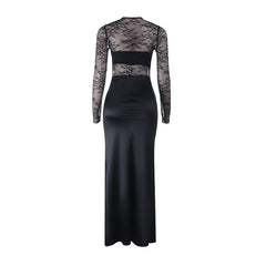 Crewneck lace long sleeve slit irregular maxi dress