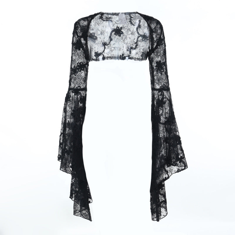 Long flared sleeve lace see through shrug top