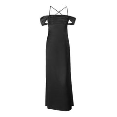 Cross back satin square neck off shoulder maxi dress