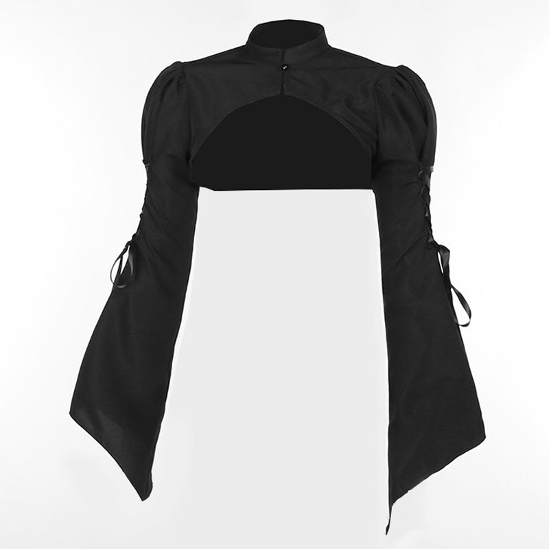 Long flared sleeve self tie button crewneck top