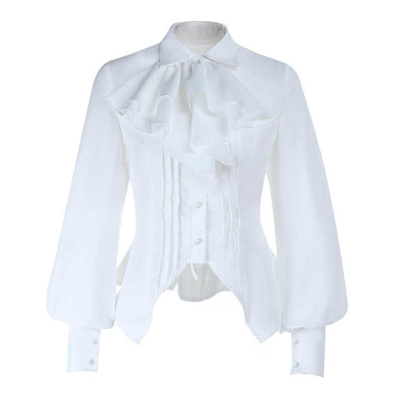 Long sleeve turnover collar button self tie top