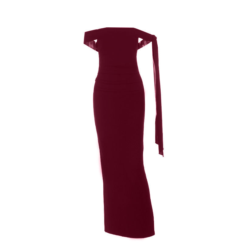 Off shoulder slit irregular solid maxi dress