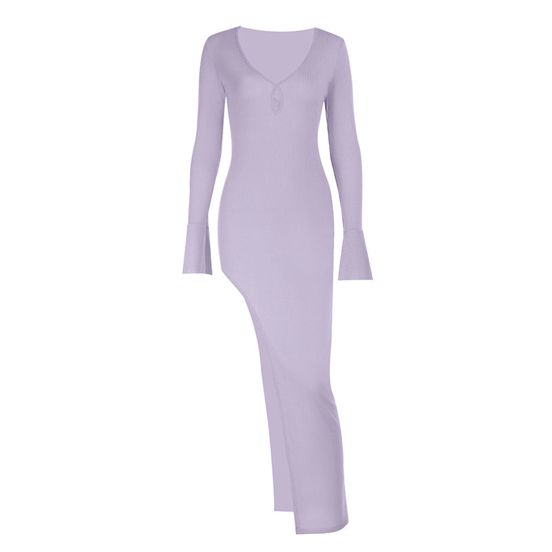 V neck long sleeve slit irregular maxi dress