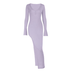 V neck long sleeve slit irregular maxi dress