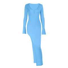 V neck long sleeve slit irregular maxi dress