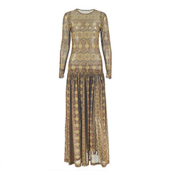Mesh long sleeve crewneck print maxi dress