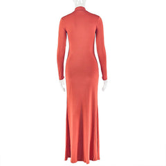 High neck flower applique long sleeve slit maxi dress