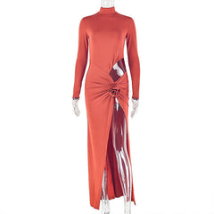 High neck flower applique long sleeve slit maxi dress