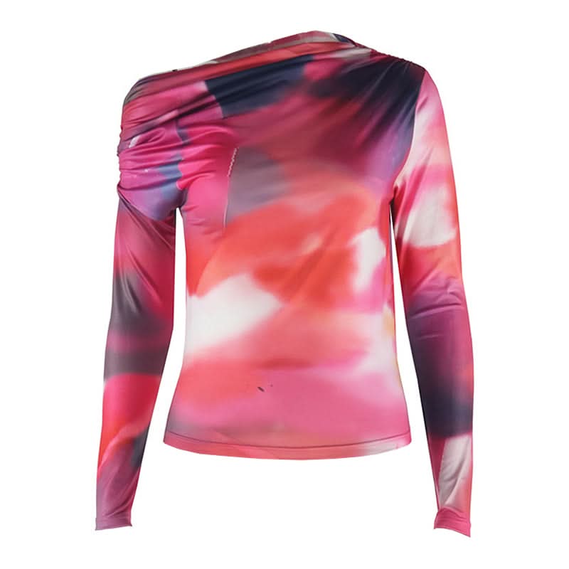 Long sleeve print irregular one shoulder top