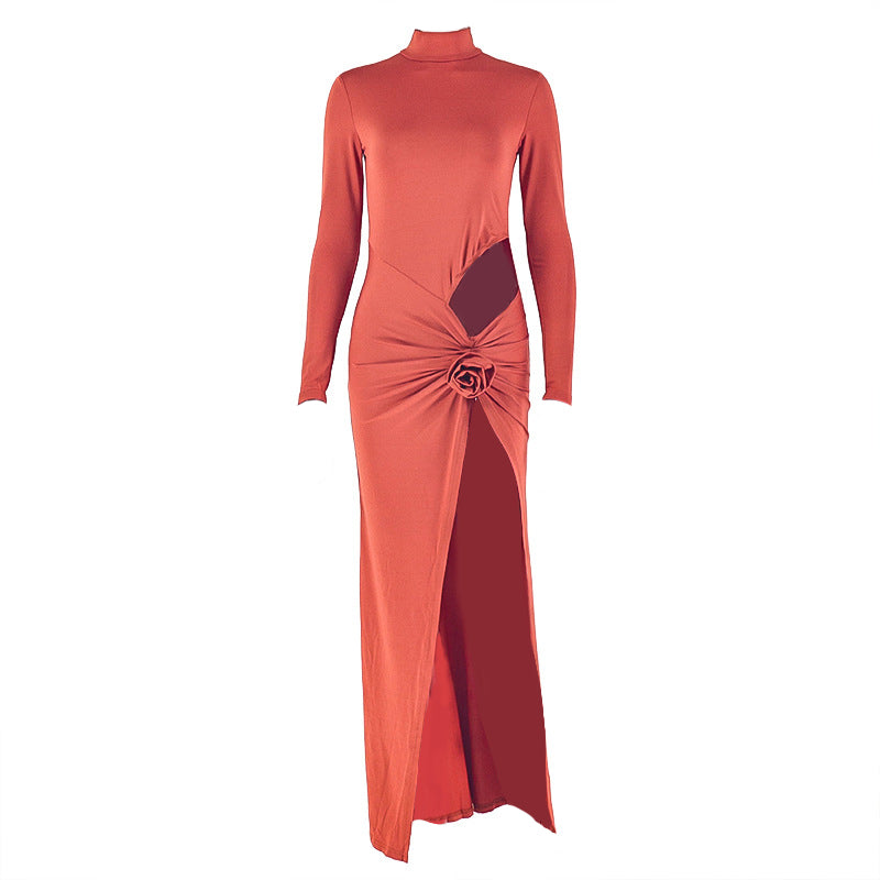 High neck flower applique long sleeve slit maxi dress