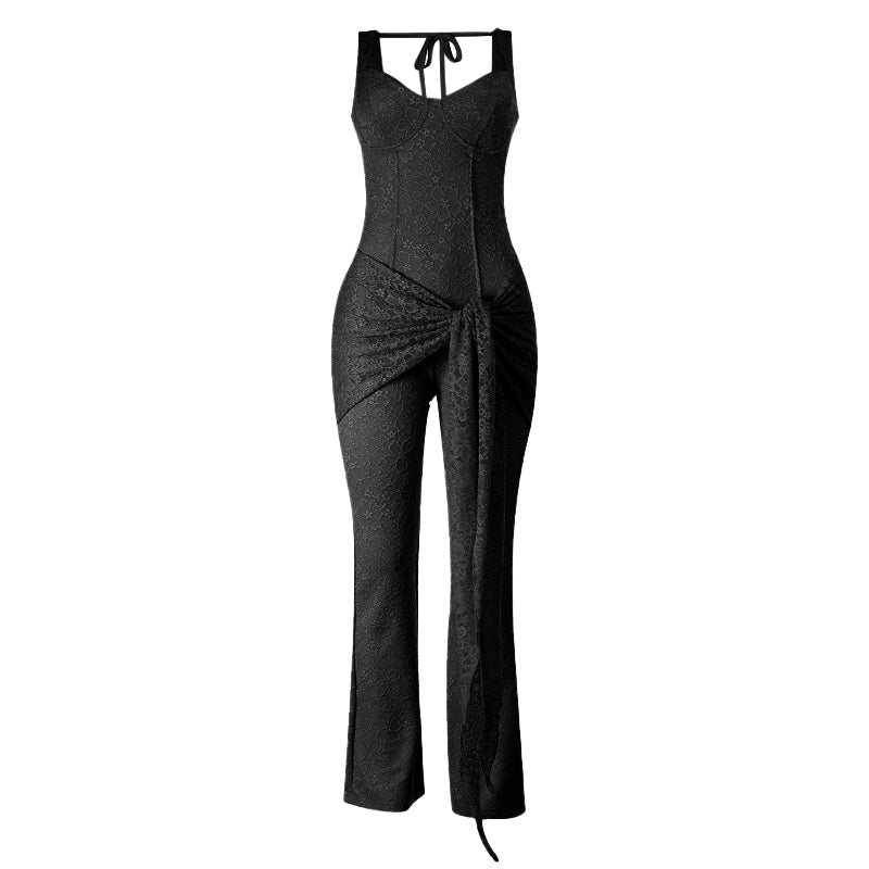 Self tie v neck zip-up lace v neck cami jumpsuit