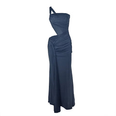 One shoulder irregular hollow out ruched cut out maxi dress