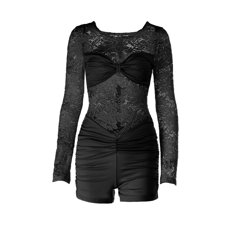 Lace long sleeve round neck ruched zip-up romper