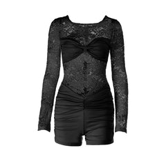 Lace long sleeve round neck ruched zip-up romper