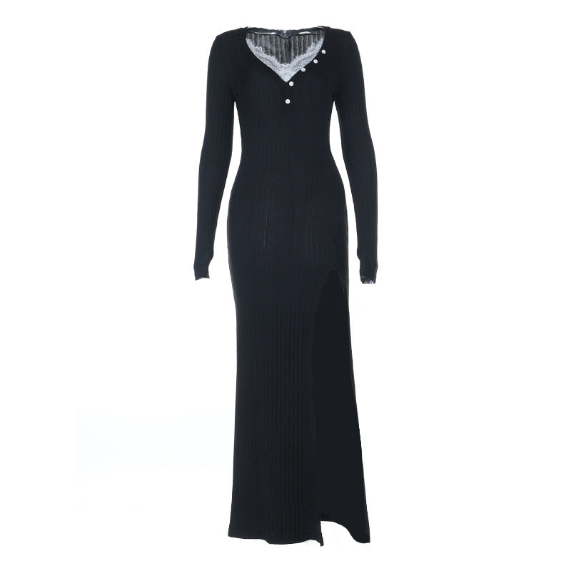 Long sleeve v neck lace hem slit maxi dress