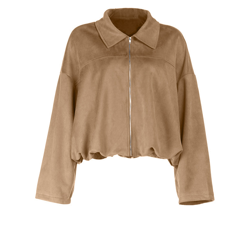 Turnover collar long sleeve zip-up solid top
