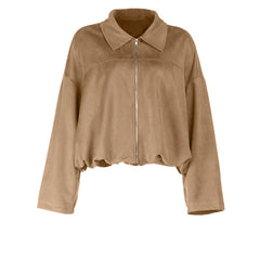 Turnover collar long sleeve zip-up solid top