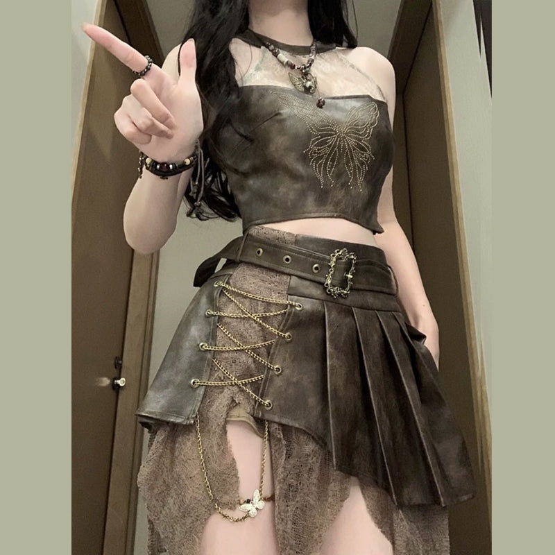 Metal chain pleated butterfly pattern irregular mini skirt set