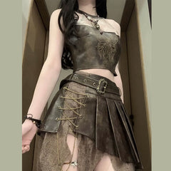 Metal chain pleated butterfly pattern irregular mini skirt set