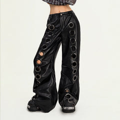 Hollow out PU leather button wide leg pant