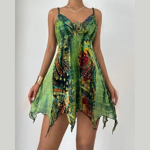 Self tie v neck print lace patchwork cami mini dress