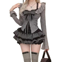 Long sleeve bowknot ruffle 3 piece mini skirt set