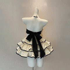Polka dot halter ruffle bowknot backless mini dress