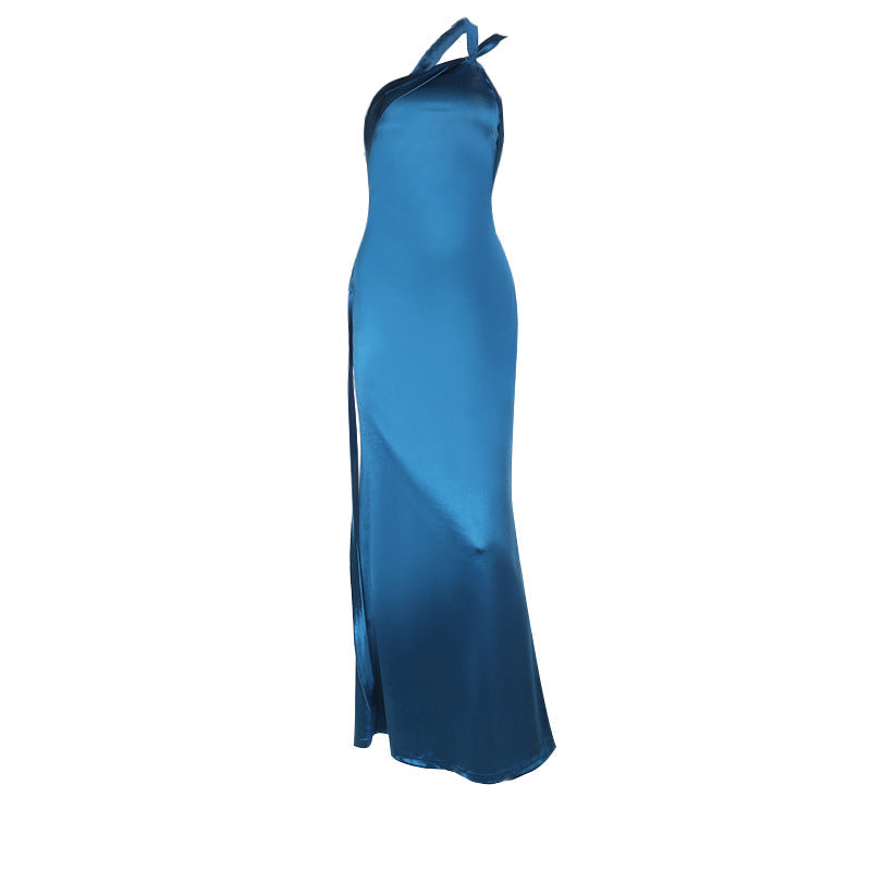 One shoulder high slit satin backless maxi dress