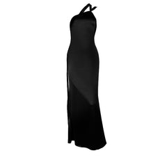 One shoulder high slit satin backless maxi dress