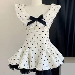 Polka dot lace hem bowknot ruffle mini dress