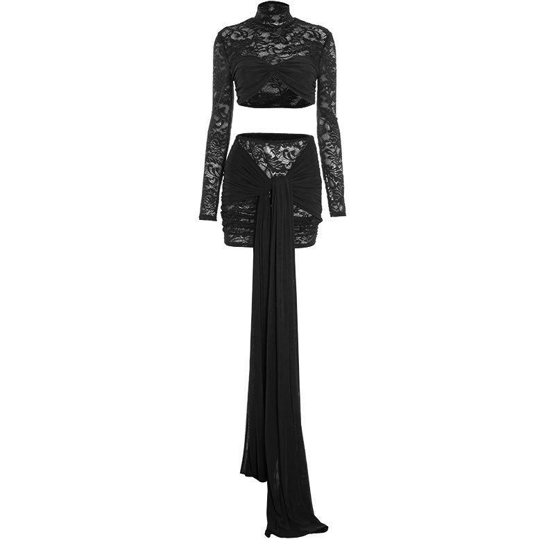 Long sleeve lace ruched high neck mini skirt set