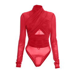 Long sleeve mesh ruched button bodysuit