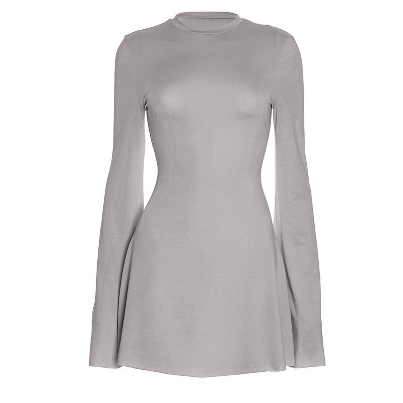 Long flared sleeve crewneck solid mini dress