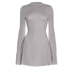 Long flared sleeve crewneck solid mini dress