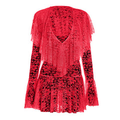 Long sleeve lace deep v neck see through mini dress