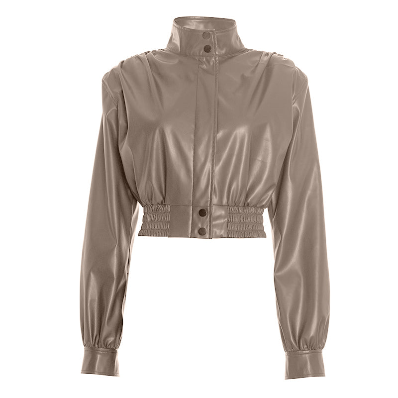 Long sleeve zip-up PU leather turnover collar top