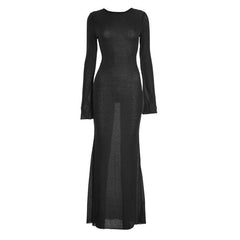 Long flared sleeve crewneck backless maxi dress