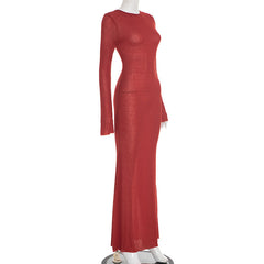 Long flared sleeve crewneck backless maxi dress