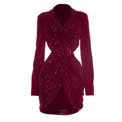 Glitter long sleeve v neck hollow out cut out mini dress