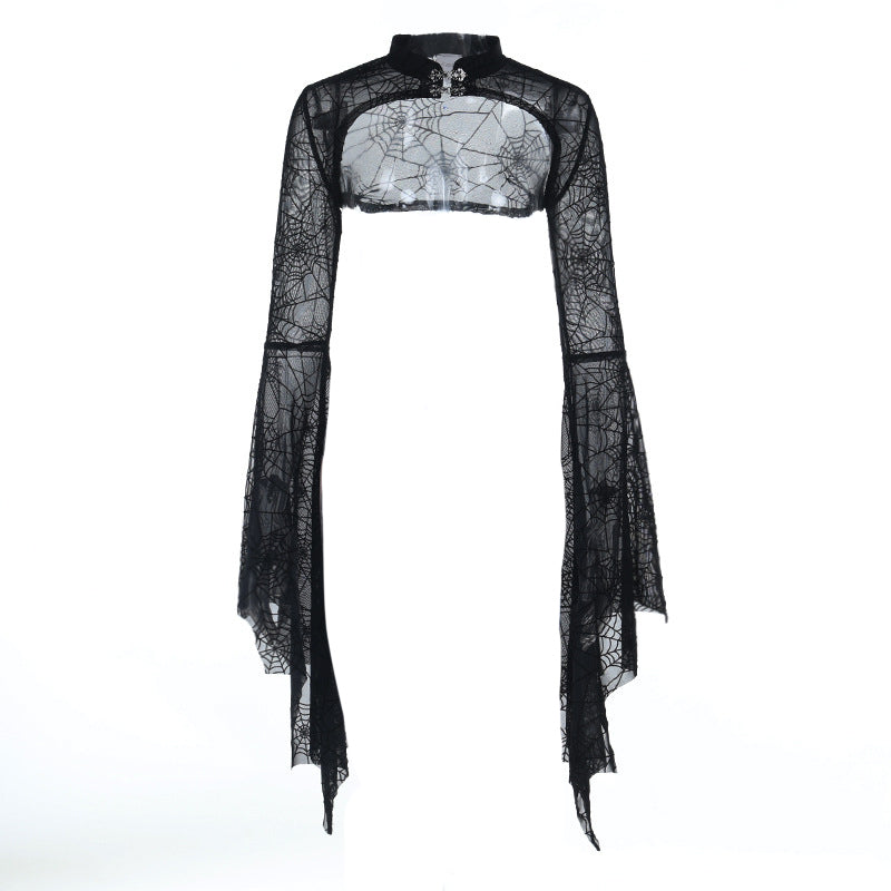 Long flared sleeve mesh button solid top