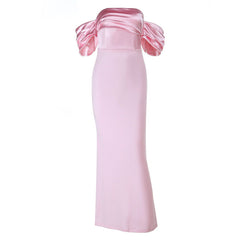 Satin ruched off shoulder zip-up slit maxi dress