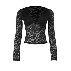 Lace long sleeve deep V neck solid top