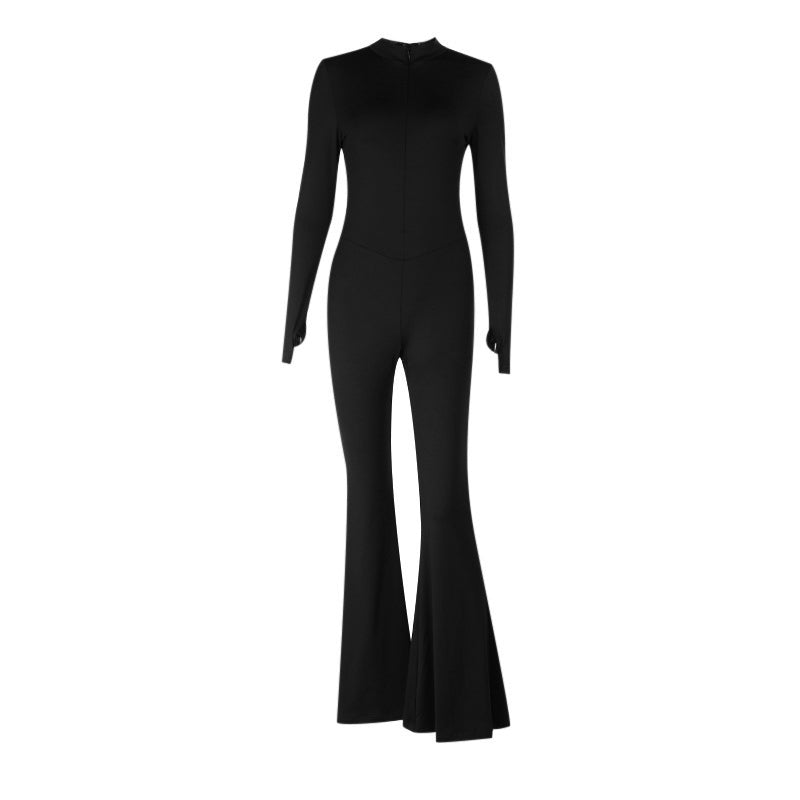 Gloves long sleeve crewneck zip-up solid jumpsuit