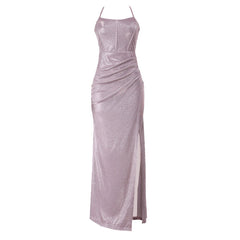 Cross back self tie ruched zip-up slit cami maxi dress