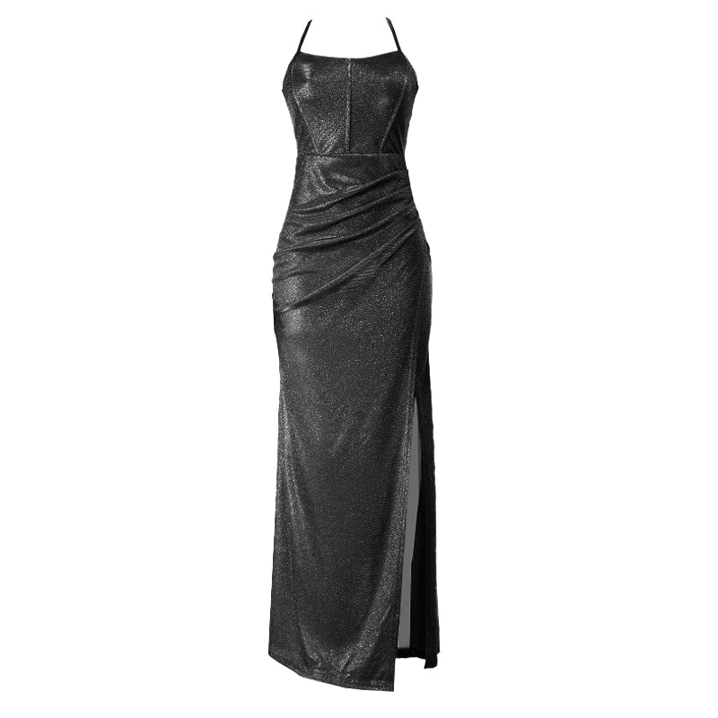 Cross back self tie ruched zip-up slit cami maxi dress