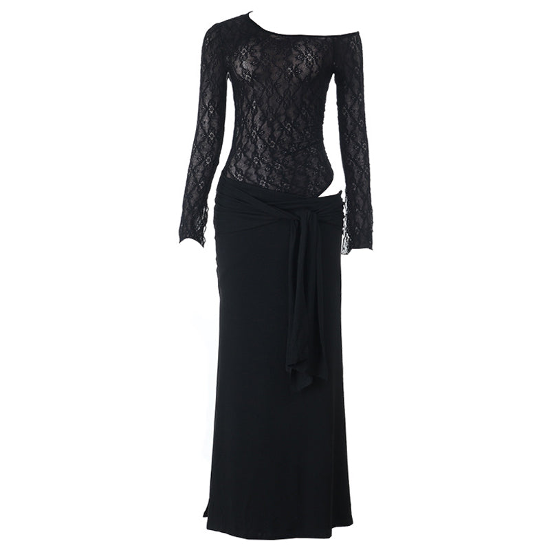 Ruched long sleeve lace hollow out cut out maxi dress
