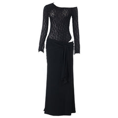 Ruched long sleeve lace hollow out cut out maxi dress